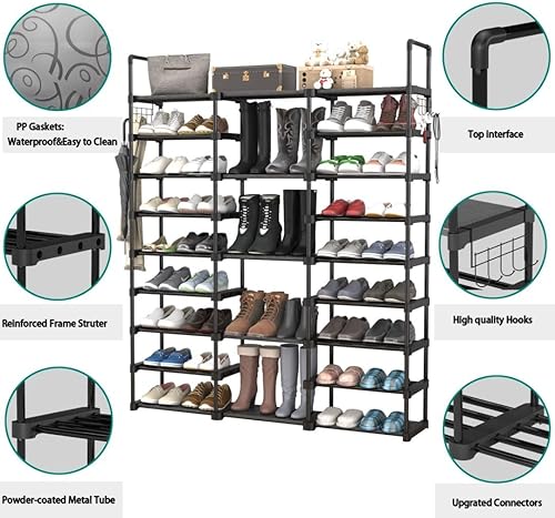 Miniatura 9 de Zapatero de 9 niveles para entrada, organizador de zapatos con gancho, estante de almacenamiento de zapatos, estante largo apilable para zapatos,