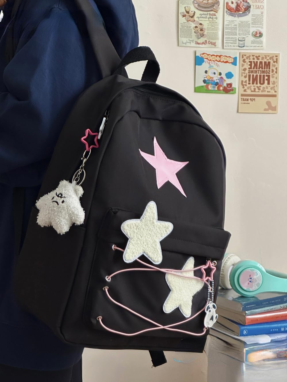 Y2K Backpack Star Backpack Preppy Backpack Cute Aesthetic Backpack Women College y2k Accessories (Black)