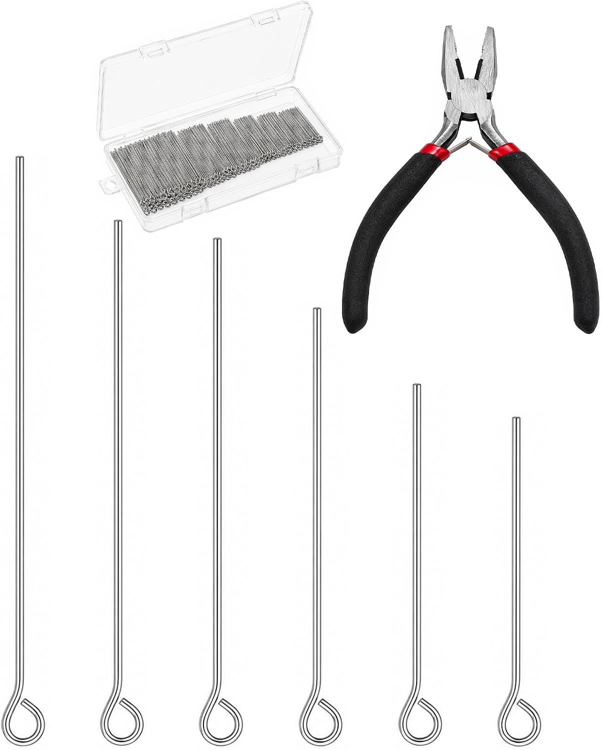 600PCS Eye Pins, 6 Size 304 Stainless Steel Eye Pins for Jewelry Making (2"/1.6"/1.2"/1"/0.79"/0.3") with Pliers