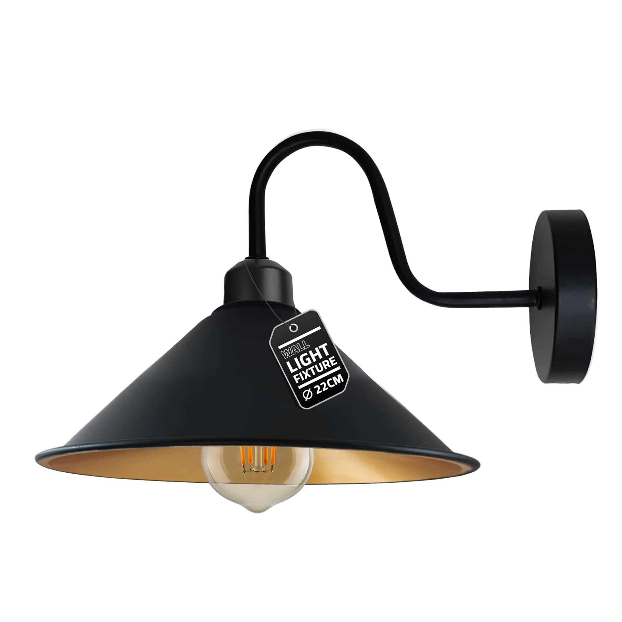 LEDSone Vintage Wall Light Fixture Vintage Black Wall Sconce E27 Base Socket Screw Type Industrial Wall Mounted Swan Neck Cone Shape 22 cm Shade (Black Inner Gold, with Bulb)