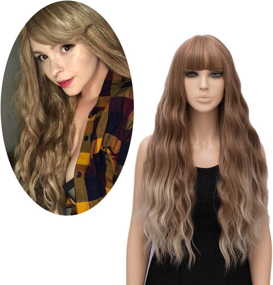FiveFour Women's Ombre Blonde Wig Long Curly Wavy Hair Wigs for Girl Heat Friendly Synthetic Party Wigs