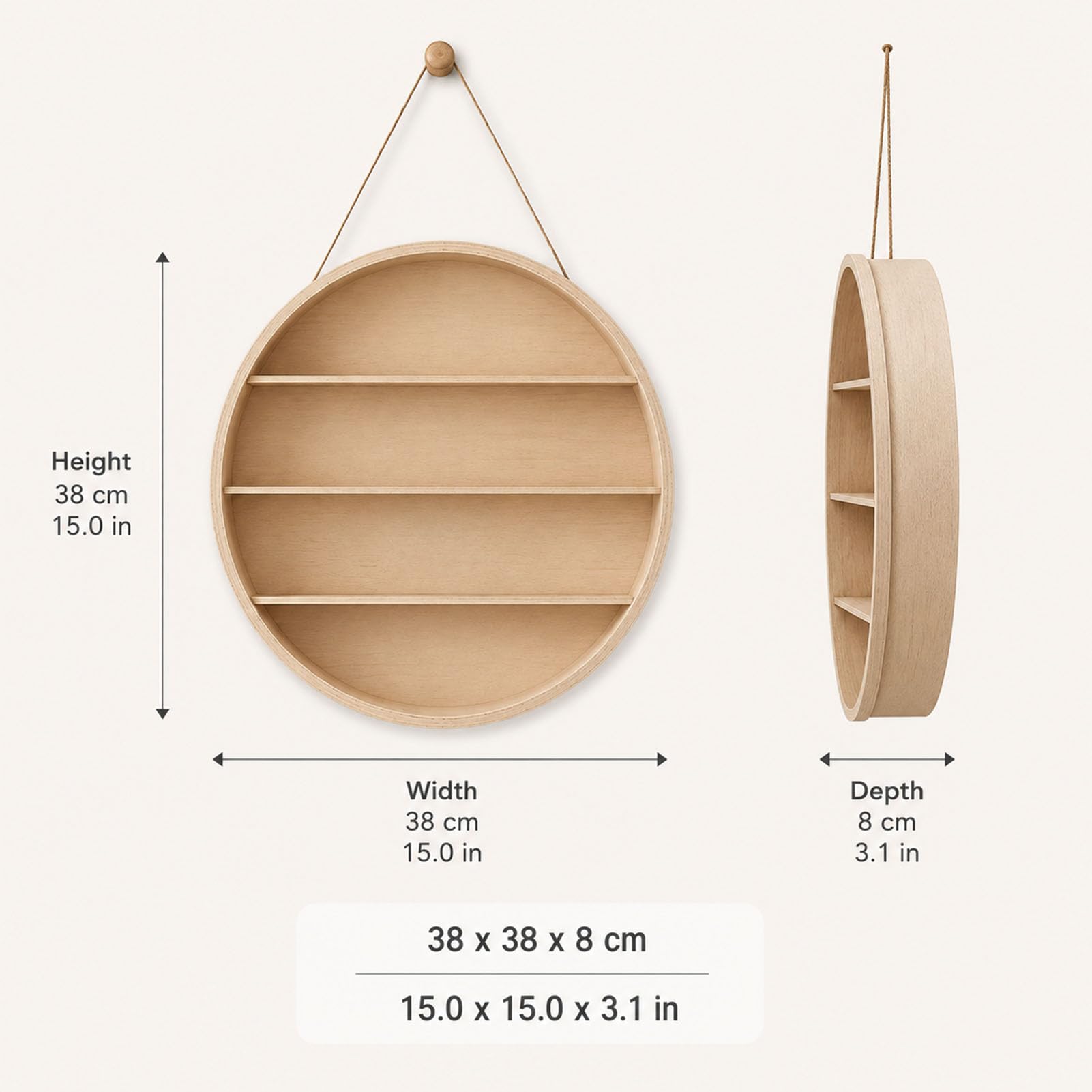Rundes Wandregal Holz 38/55 cm 4-stufiges Schweberegal Wand, dekoratives Aufbewahrungsregal mit 4 Ebenen Hängeregal für Wohnzimmer Schlafzimmer Bad Küche und Kinderzimmer,Natural,38cm