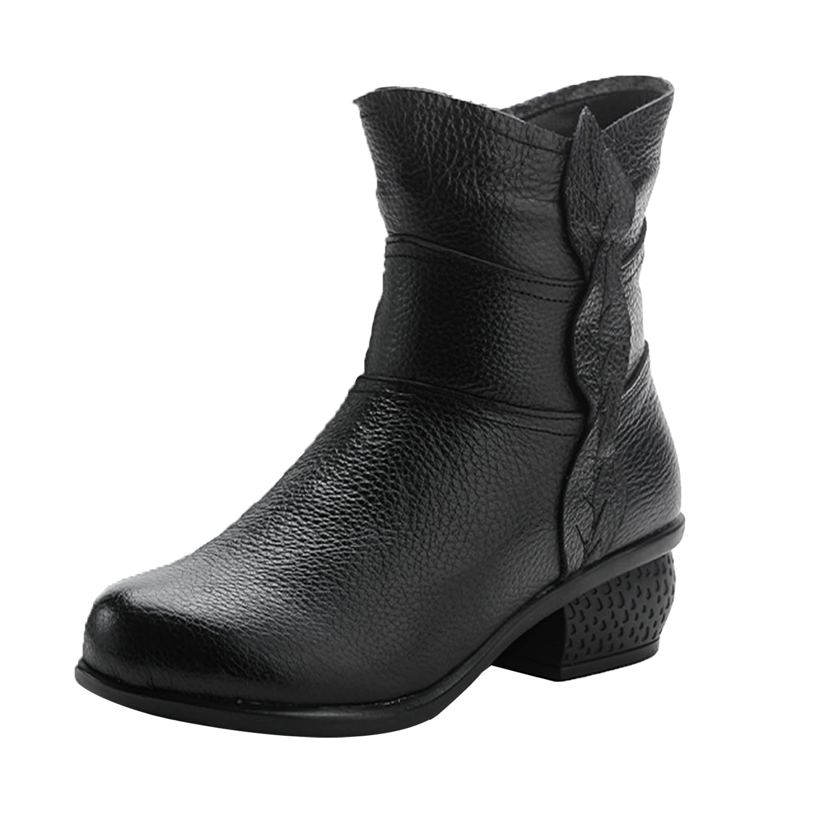 Womens Leather Casual Dress Ankle Boots Fall Winter Comfy Waterproof Non-slip Low Block Heel Side Zipper Short Booties