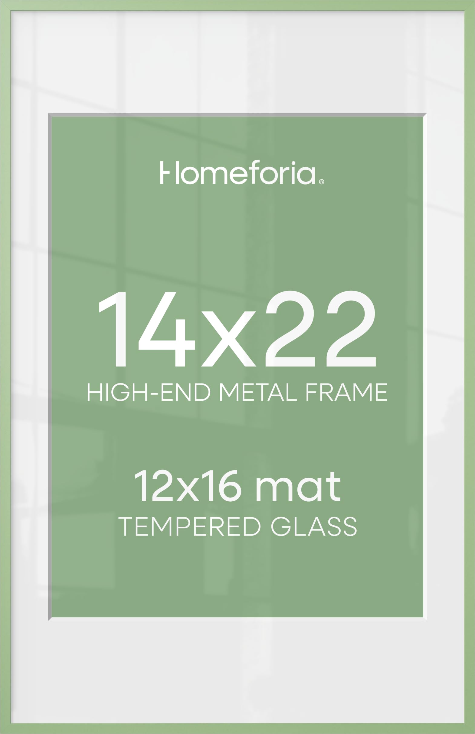 Homeforia 14x22 Green Picture Frame, High-End Metal, 12x16 Mat, Glass | High End Aluminum, Tempered Glass, Acid-Free 12x16 Removable Mat, 14x22 in Edge-to-Edge Display 22x14, Wall Kit, Set Of 1