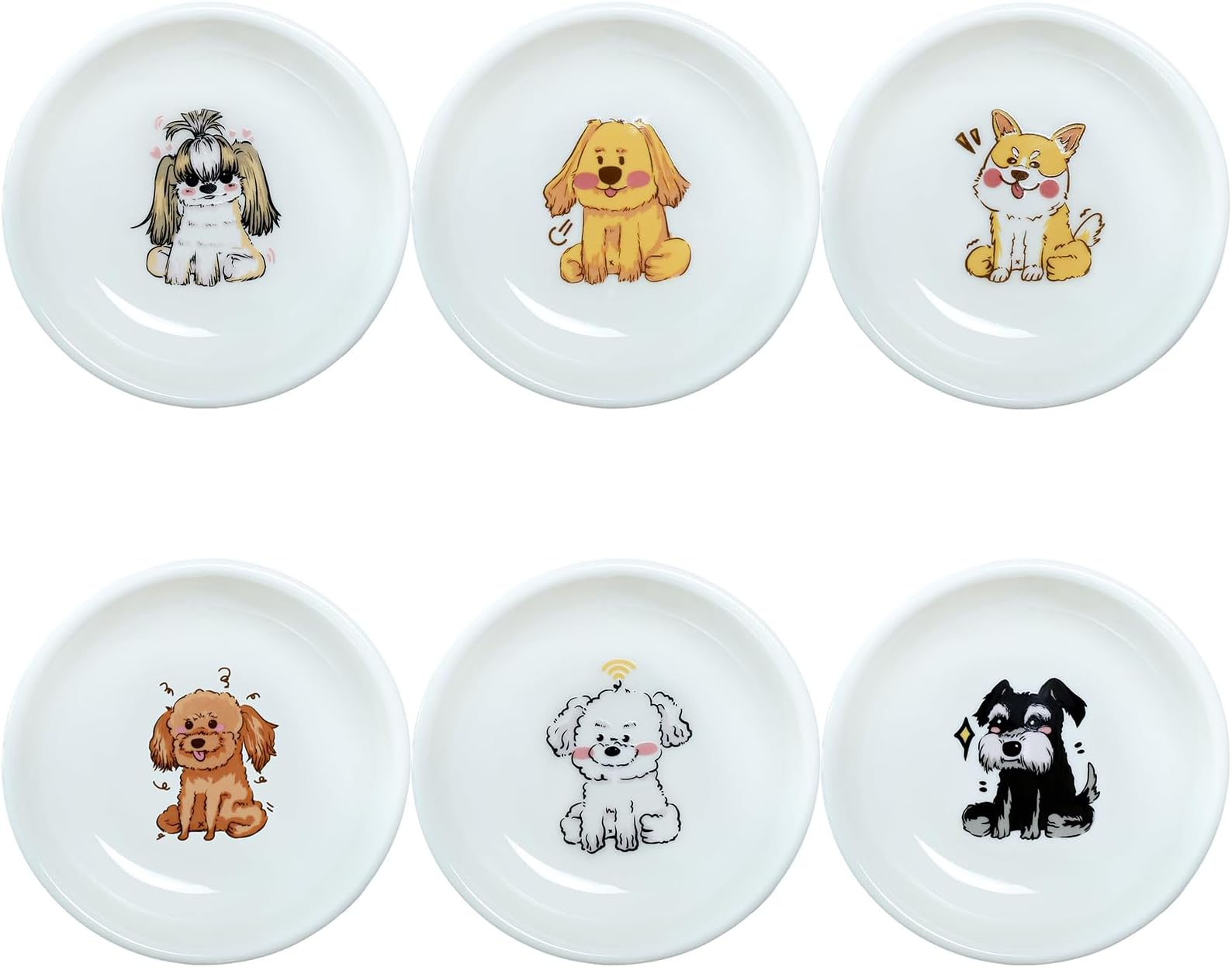 SOCOSY Super Cute Cartoon Animals Ceramic Sauce Dishes, Seasoning Dishes, Little Cat Dog Bird Feeding Bowls, Sushi Soy Dipping Bowls, Appetizer Plates, Dessert Plates, Set of 6-Cartoon Dog-3.5 Inch