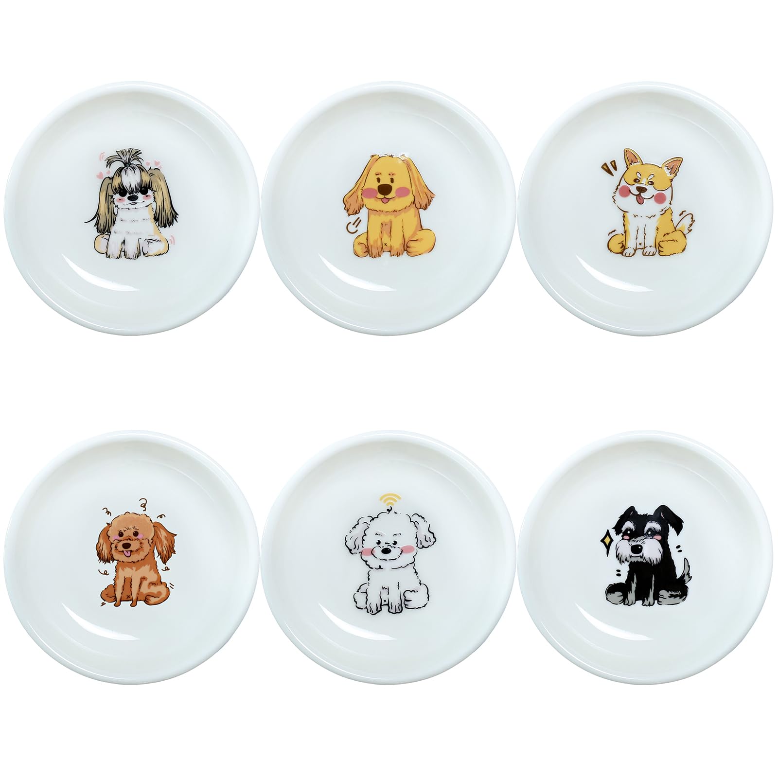 SOCOSY Super Cute Cartoon Animals Ceramic Sauce Dishes, Seasoning Dishes, Little Cat Dog Bird Feeding Bowls, Sushi Soy Dipping Bowls, Appetizer Plates, Dessert Plates, Set of 6-Cartoon Dog-3.5 Inch