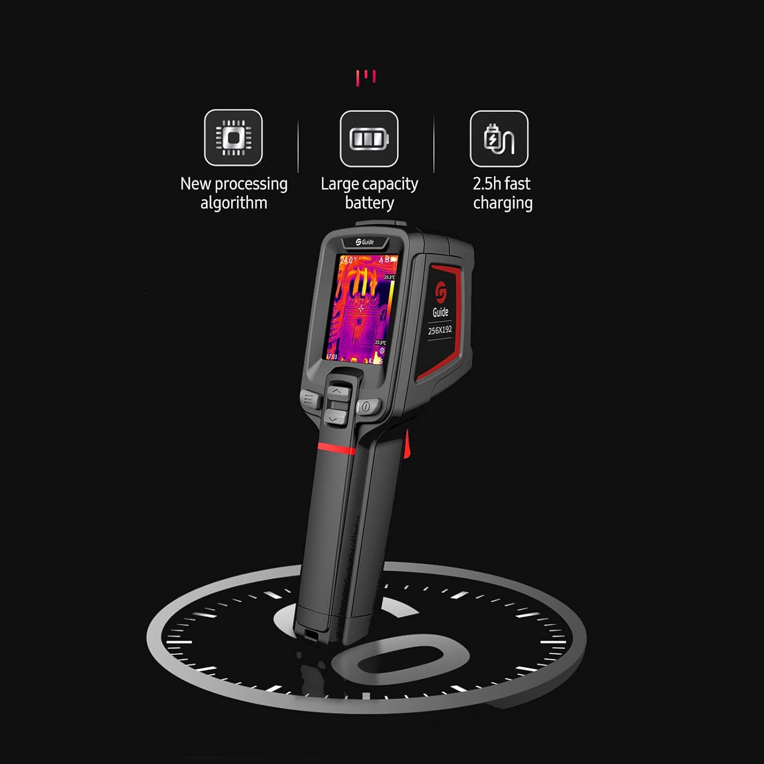 Irfora PC210 Thermal Camera highlighting new processing algorithm, large capacity battery, and 2.5h fast charging.