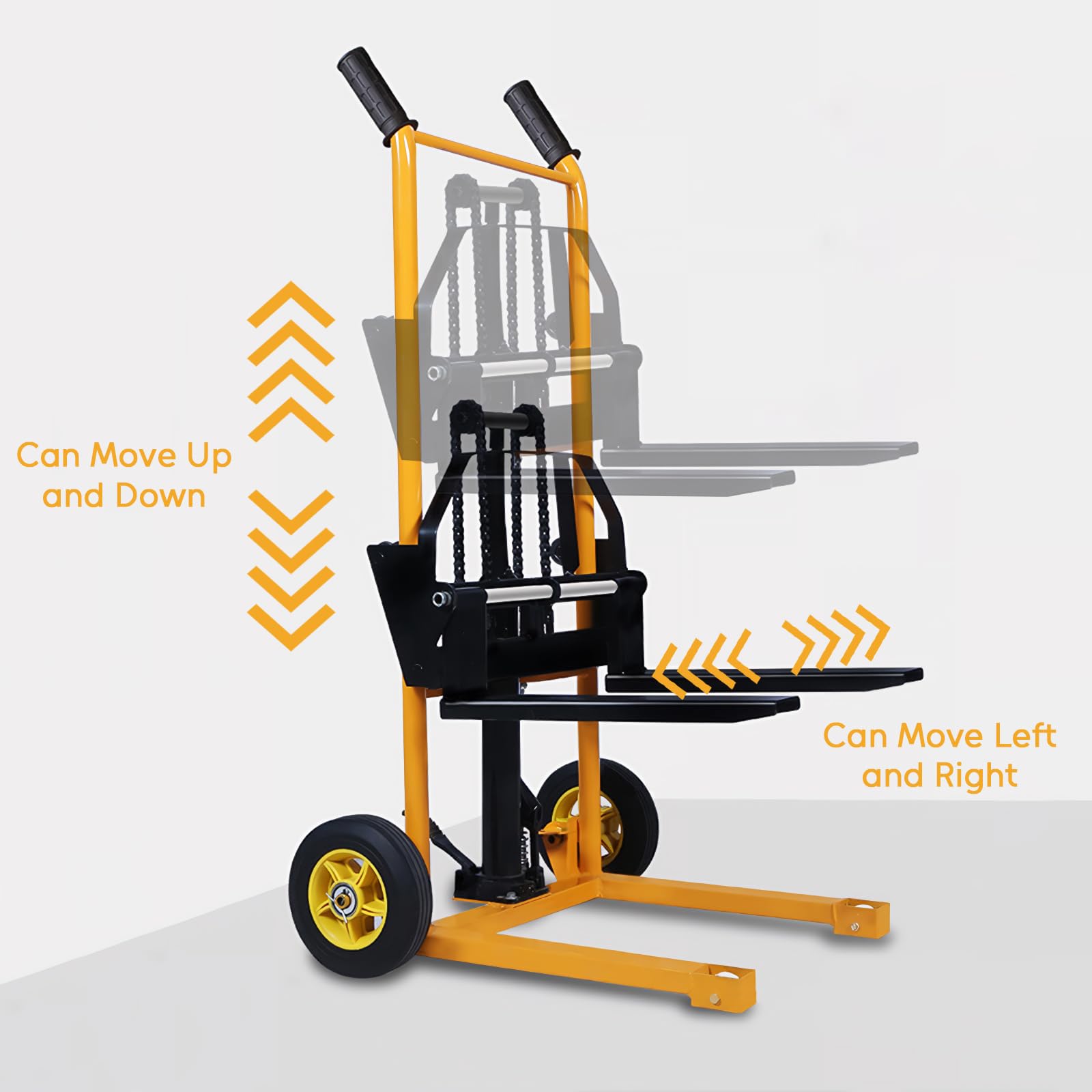 Material Stapler, Palettenwagen, Hubtisch, Manueller Gabelstapler, Gabelheber mit festen Beinen und verstellbaren Gabeln, 200 kg Kapazität, 90 cm maximale Hubkraft (Fußpedal)