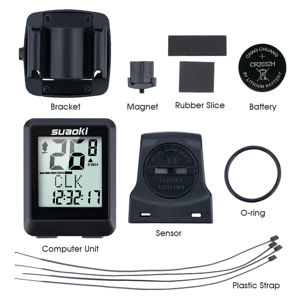 SUAOKI Fahrradcomputer Kabellos Fahrradtacho Drahtloser Stoppuhr Radcomputer, LCD Fahrrad Tachometer, Kalorien und CO2-Emissionen usw, für Tracking Geschwindigkeit und Distanz, Schwarz Sport & Freizeit