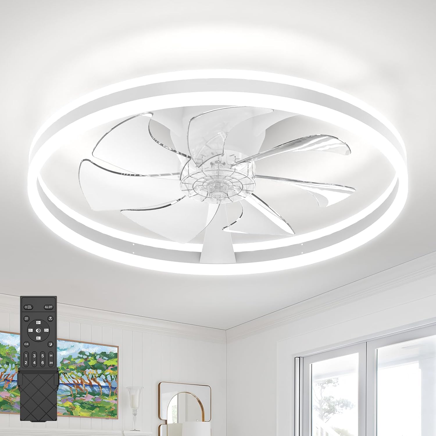 Ceiling Fans with Lights,23.7" Flush Mount Ceiling Fan with Light and Remote,Reversible,3 CCT,6 speeds,Dimmable,Noiseless,Low Profile White Ceiling Fan for Bedroom, Kitchen,Living Room White 23.7 inch