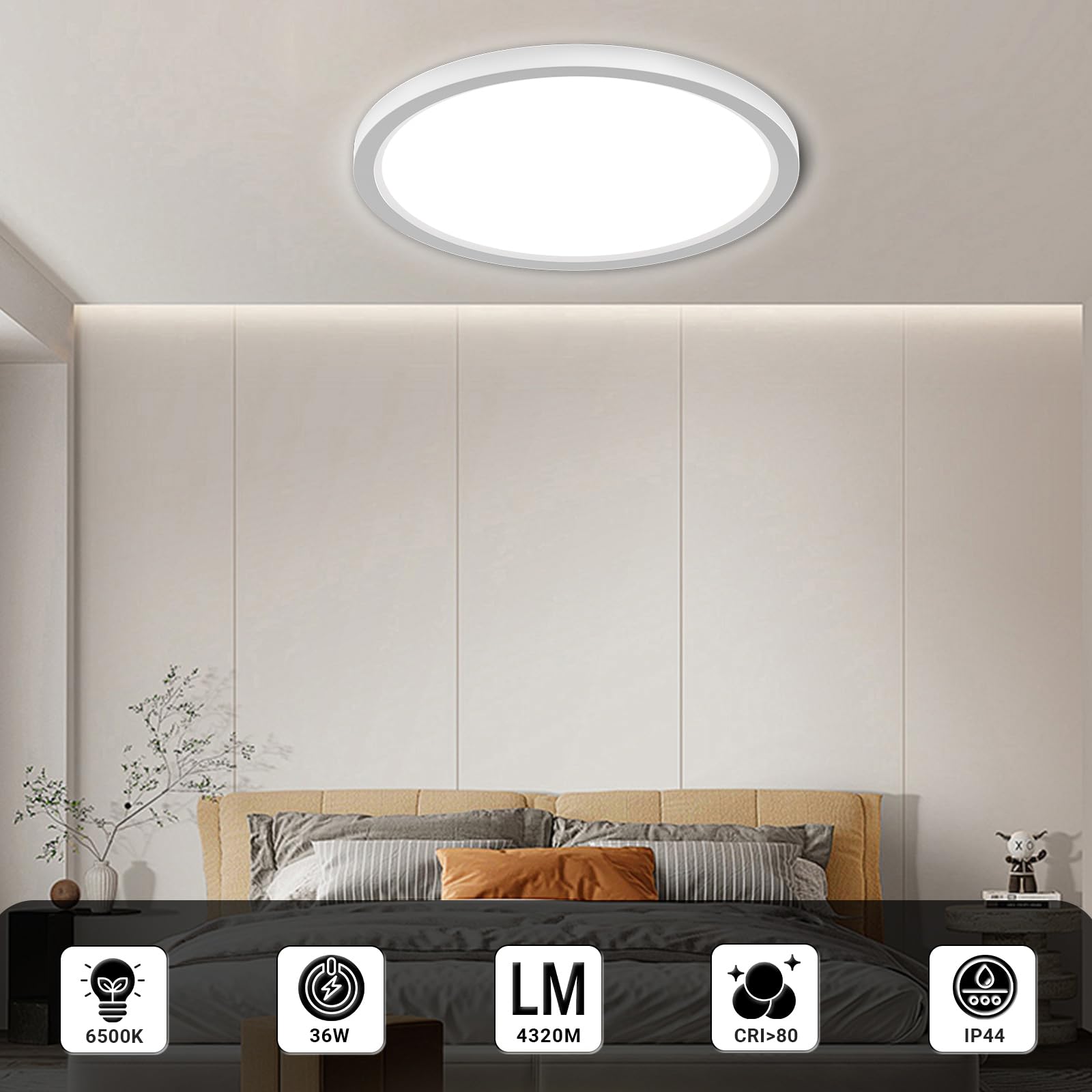 LQWELL® Plafonnier LED, IP44 Lampe de salle de bain étanche ronde plate 36W 6000K 4320LM Lampe simple moderne mince pour salon Chambre Cuisine Balcon Sous-sol Bureau, 400 * 18mm