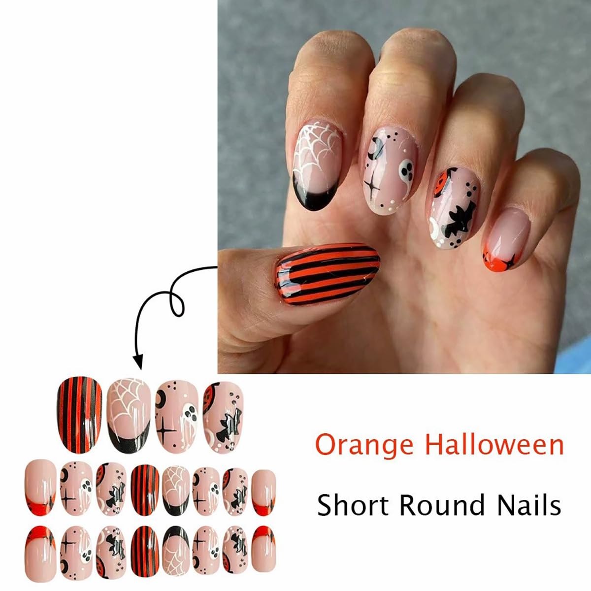 Halloween Press on Nails Short Almond French Tip Fake Nails with Ghost Bat Spider Web Designs Black Orange Stripe Pattern Acrylic Nails Full Cover Funny Gothic Halloween False Nails for Women 24PCS image 2