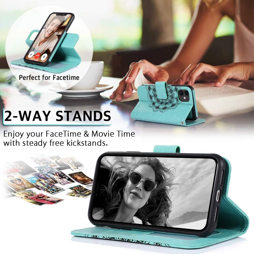 CASEOWL iPhone 11 Case, iPhone 11 Wallet Case 2 in 1 Detachable Slim Fit Car Mount,with Card Holder,Kick Stand,RFID Protection,Strap,Mandala Embossed Leather Wallet Case for iPhone 11-6.1'',Mint Green
