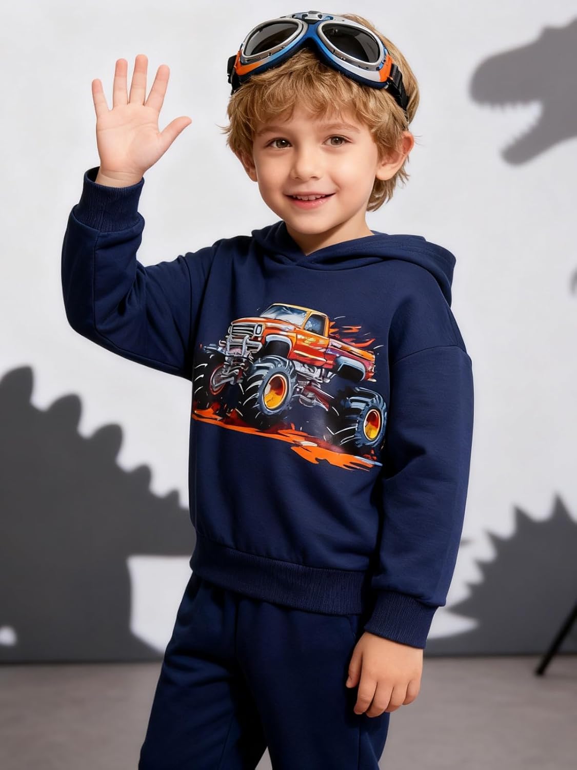 2-7 Years Toddler Boys' Dinosaur & Truck Print Pullover Hoodie and Sweatpants Set - Image 2