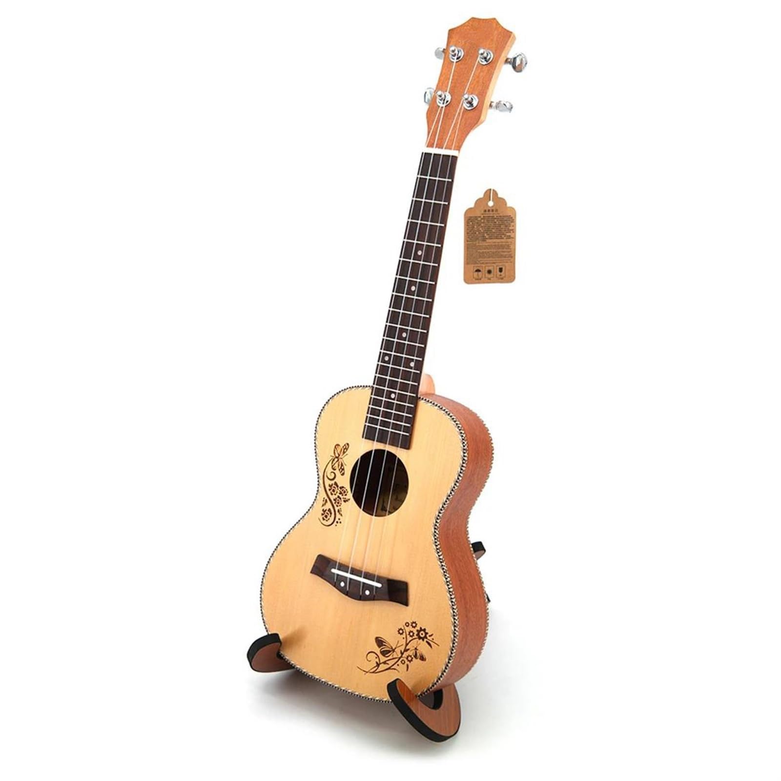 Ukulele Concert 23 Fichtendecke, Hawaiianische 4-saitige Gitarre Elektrische Ukulele, Schmetterlings-Herz-Blumenmuster(Color:Ukulele with bag)