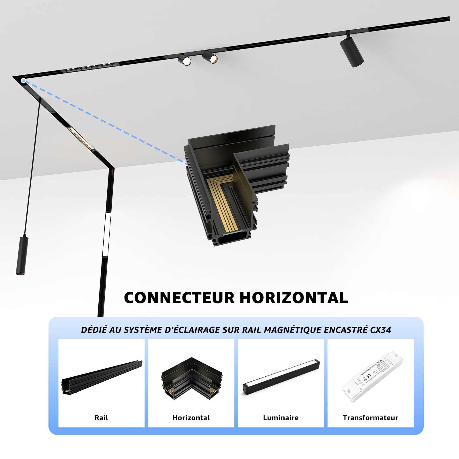 SCON 4-Fils Connecteur d'Angle Noir Horizontal pour Système d'Éclairage sur Rail Magnétique Encastré, Accessoire en Aluminium Anodisé, Alimentation Fixe pour Lampes LED