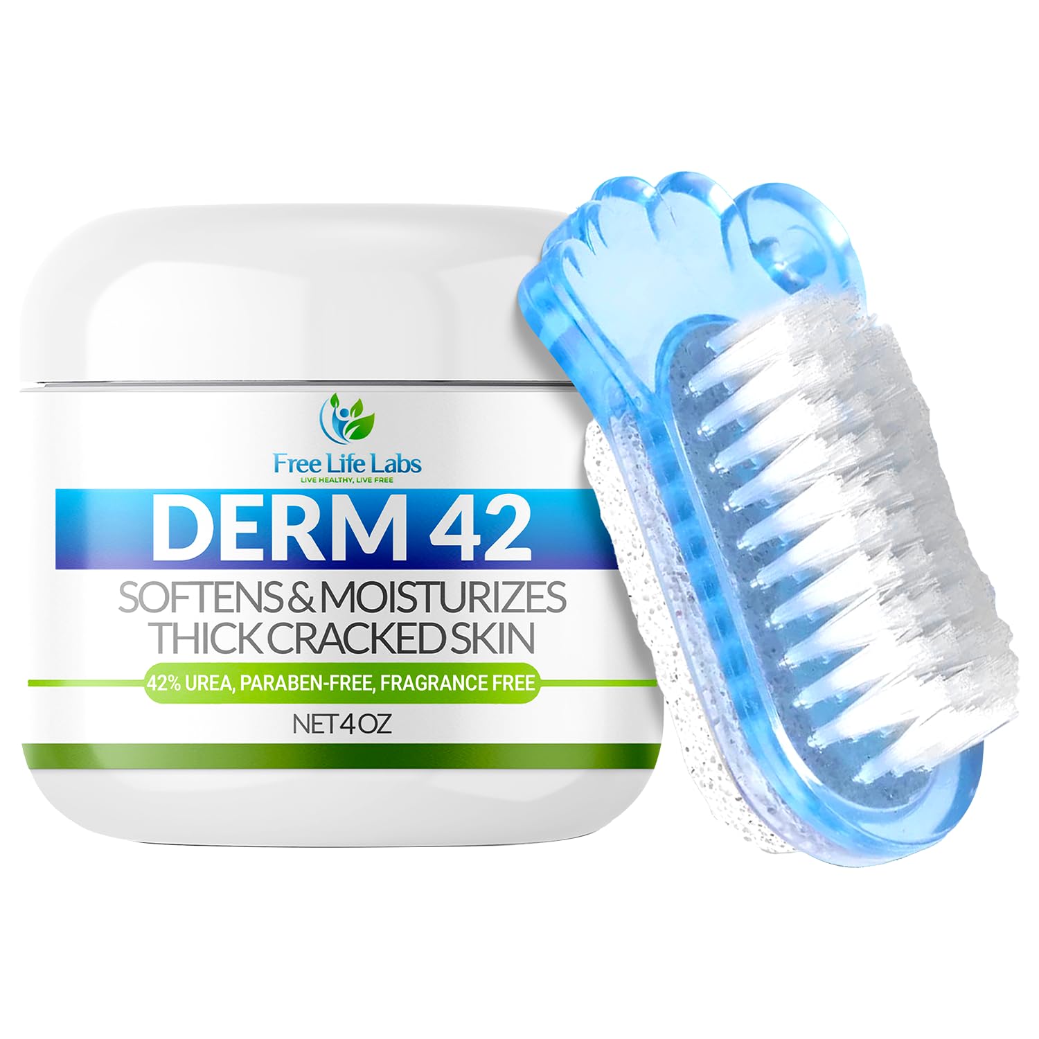 Free Life Labs - Urea Cream for Feet - Maximum Strength 42% Foot Cream for Calluses and Dry Feet - Free Pumice Stone and Brush - Shea and Mango Butters-Paraben Free-Fragrance Free- 4oz.
