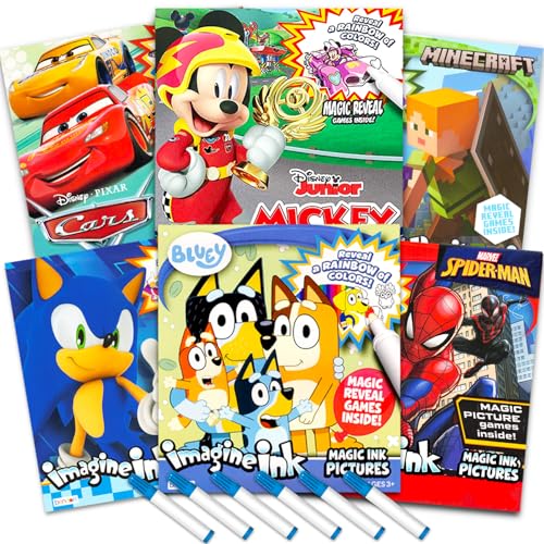 Bulk Imagine Ink Coloring Book Set for Boys - Bundle with 6 No Mess Coloring Books Featuring Sonic, Minecraft, Mickey Mouse, Spidey, Cars, and Bluey