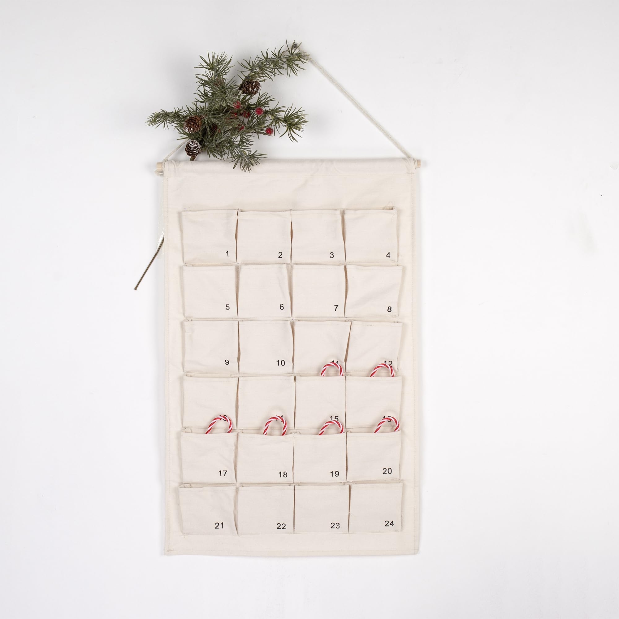 Calendario de Adviento de tela con 24 bolsillos numerados, 67 x 42 cm, calendario de pared colgante blanco para rellenar los adornos de Navidad