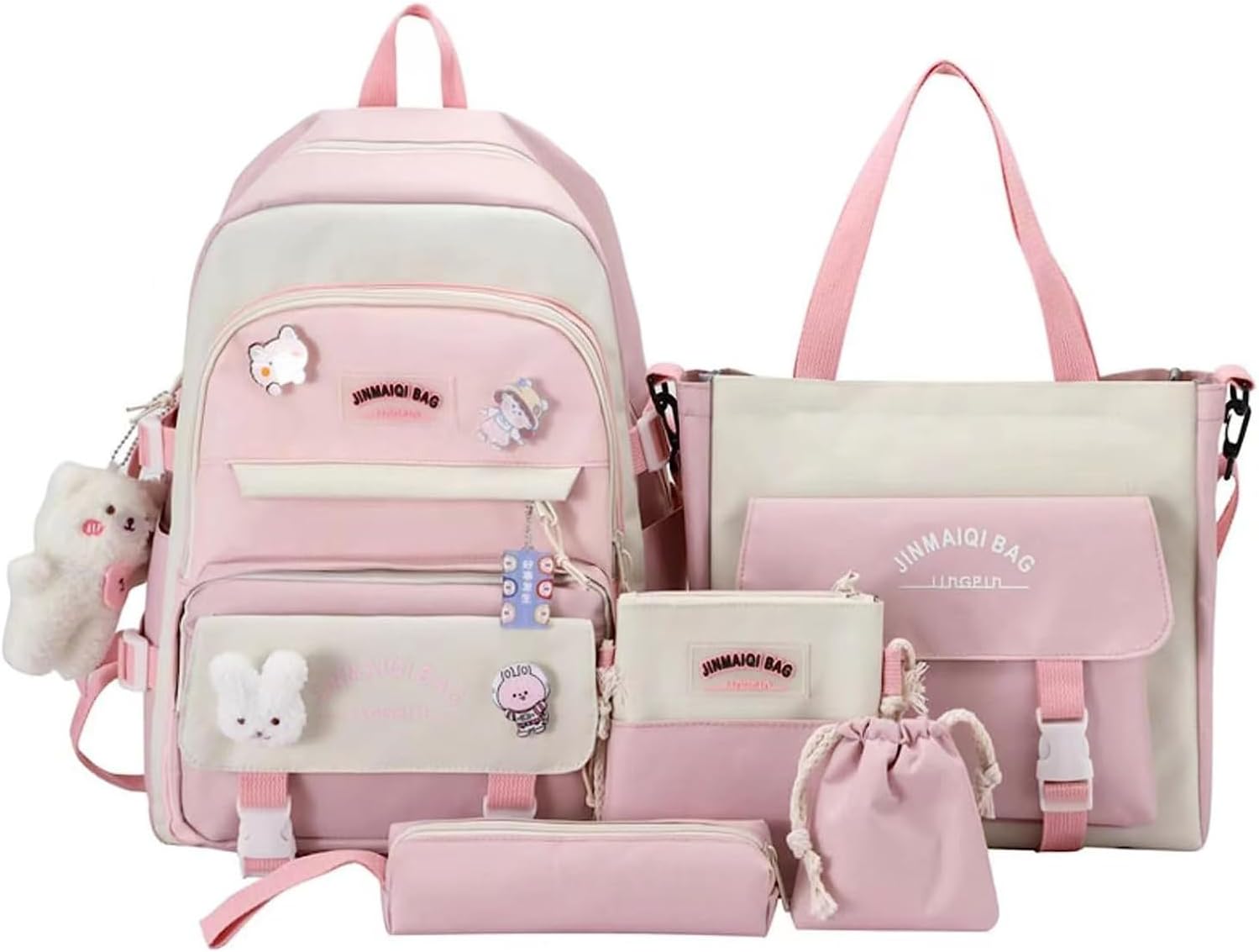 5 pcs Cute Aesthetic Backpack Set with Pins and Pendant Kawaii Japanese Backpacks College Laptop Bookbag Preppy Daypack (Black,One Size)