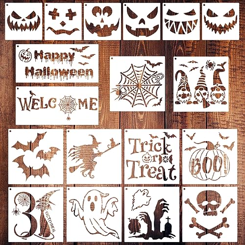 18 Pieces Halloween Stencils, Reusable Happy Halloween Ghost Bat Witch Pumpkin Stencils for Painting on Wood DIY Crafts Halloween Decorations (Style 1)