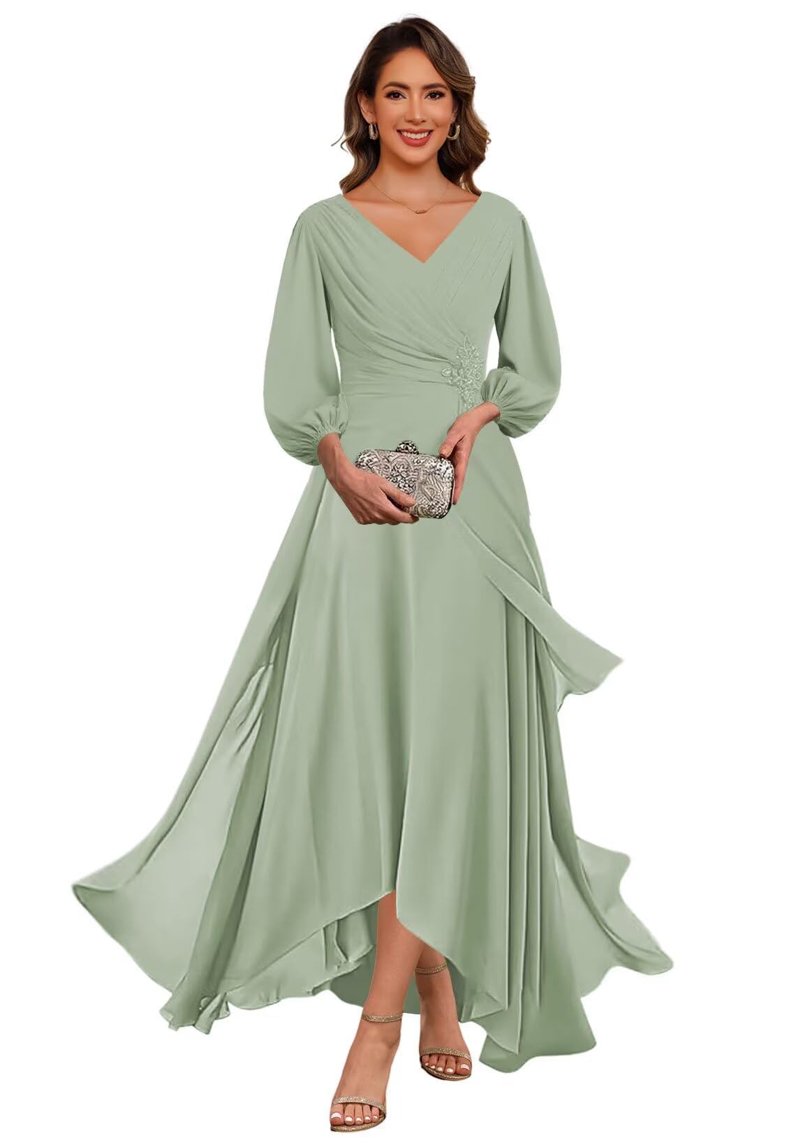 Kiyne Women's Sage Green Chiffon Long Mother Of The Bride Dresses With Sleeves Floor Length Formal Mother Of The Groom Dress Uk18