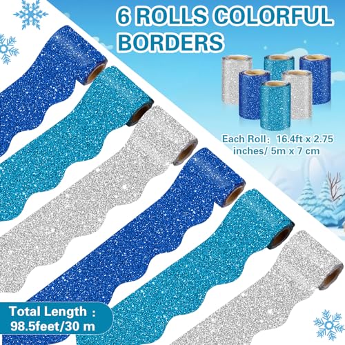 Zhanmai 6 Rolls 98.5 ft Winter Glitter Bulletin Board Borders Set Blue and Silver DIY Scalloped Border Trim Self Adhesive Bulletin Stickers for School Classroom Wall Office Home Decor
