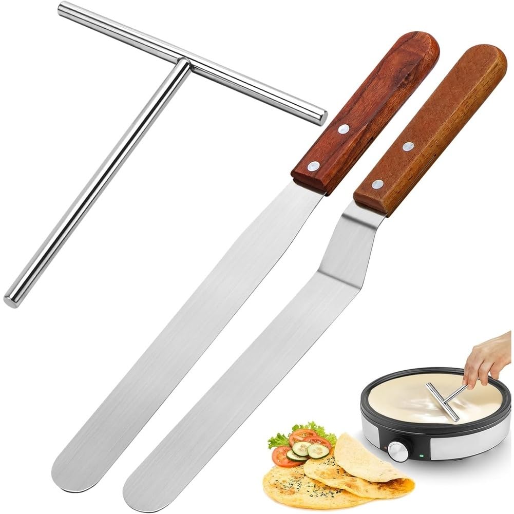 Aundhegrtt Crepes Distributor Set, Stainless Steel Crepe Spatula with 2 Spatulas, Crepes Accessories (Pack of 3)