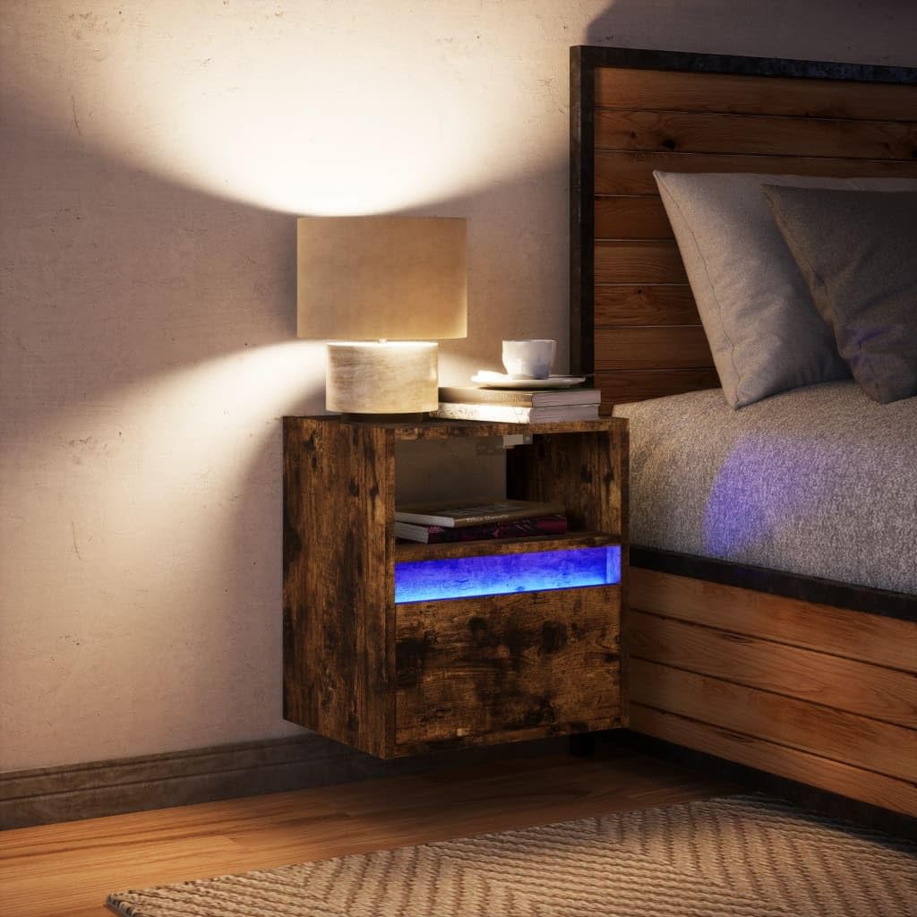 YUANCHUTOP LED Wall Cabinet with Drawer & Open Shelf, Floating Nightstand for Bedroom - Small Bedside Table for Office Bathroom Kitchen Floating Bedside Cabinet Oak+Rustic