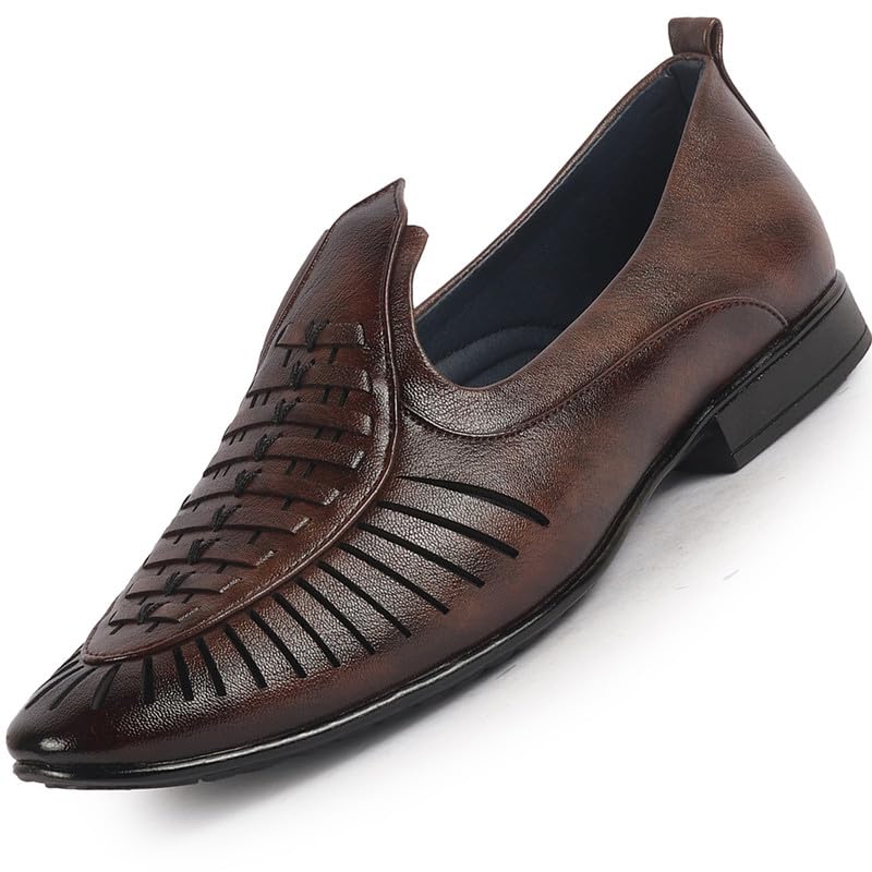 fausto Men's Laser Cut Knitted Ethnic Slip On Juttis and Mojaris for Wedding|Party Slip-On|Traditional Kurtas Shoes|Flexible Rubber Sole-picture-32
