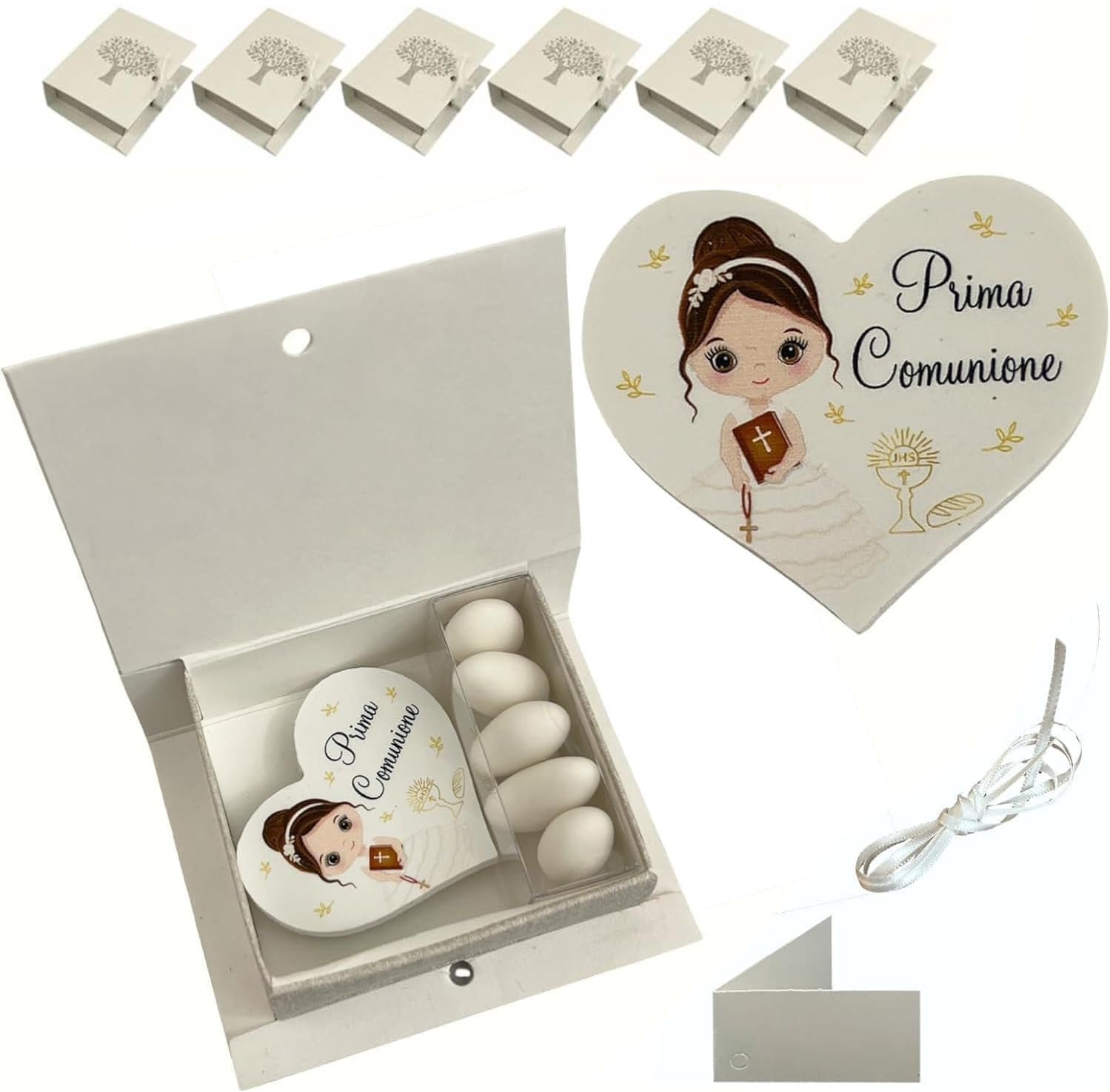 Regalami.shop, 6 calamite per bomboniera Prima Comunione Bimba completa di scatola, nastrino bianco, bigliettino e portaconfetti (calamita bimba)
