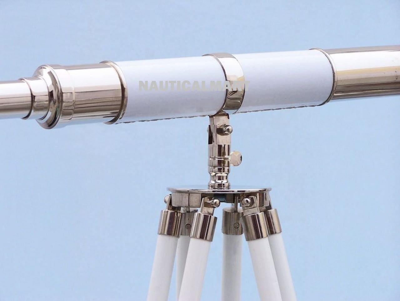Nautical Floor Standing Chrome White Leather Admiral Telescope 60" - Telescope with Free Gold Wire Basket