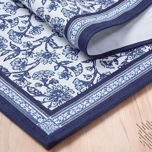 Image of Encasa XO Dining Table Runner for 4 to 6 Seater | Indigo-02 Block Printed Cotton Canvas | 32x183 cm | Jaipur Sanganeri Hand Print