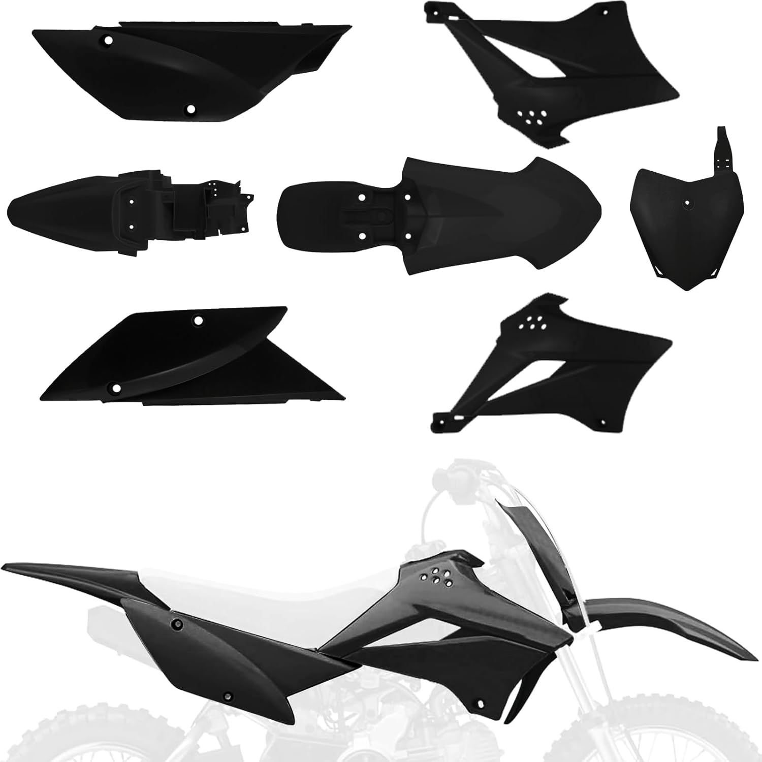 Plastics Kit for KLX110,Dirt Bike Fairing Body Work Set Mudguard with Number Plate for Pit Bike KLX 110 2010-2025/KLX 110L 2010-2024 Black