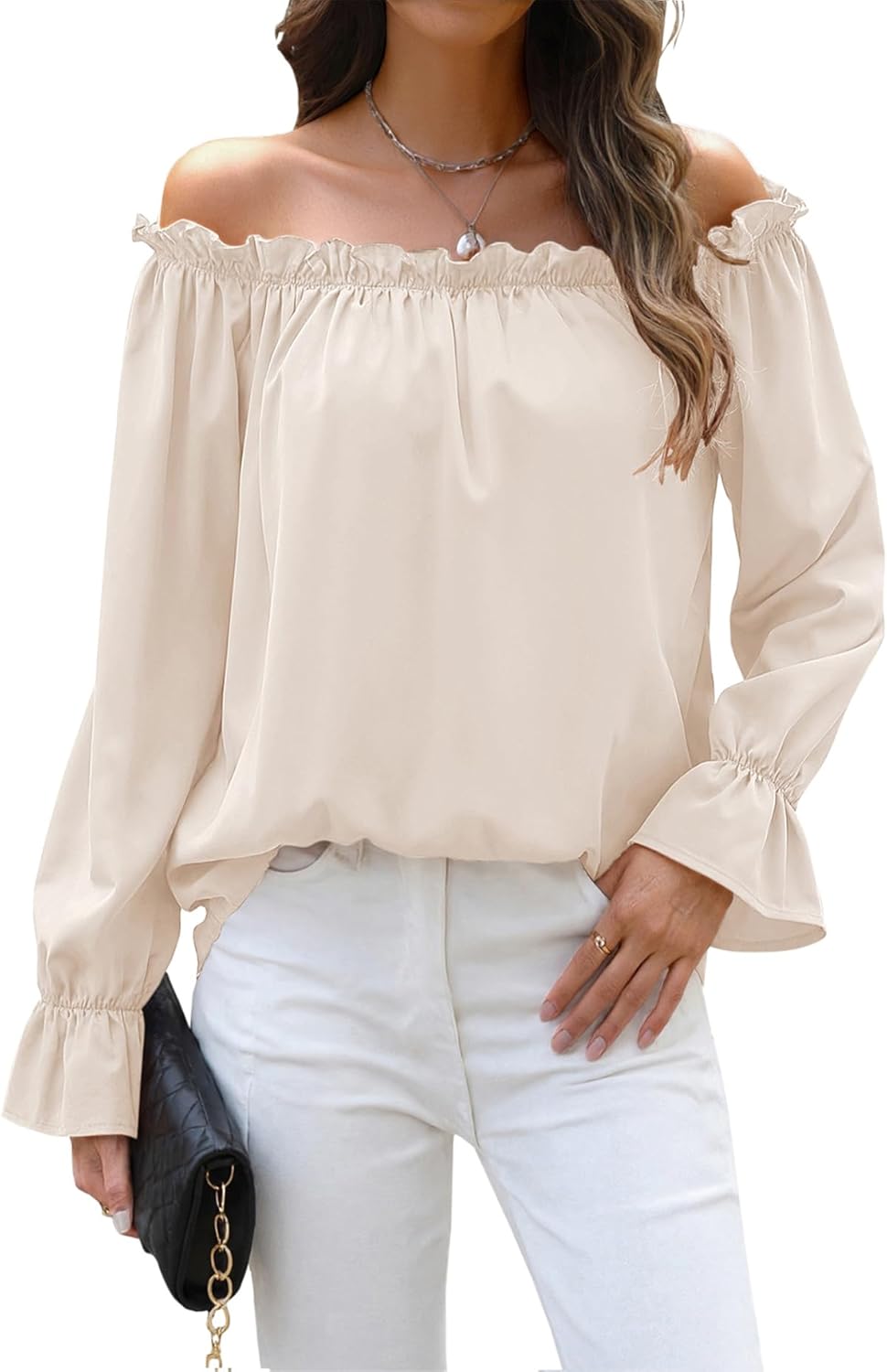 Halife Women Off Shoulder Blouses Long Sleeve Ruffle Trim Loose Casual Shirts Tops