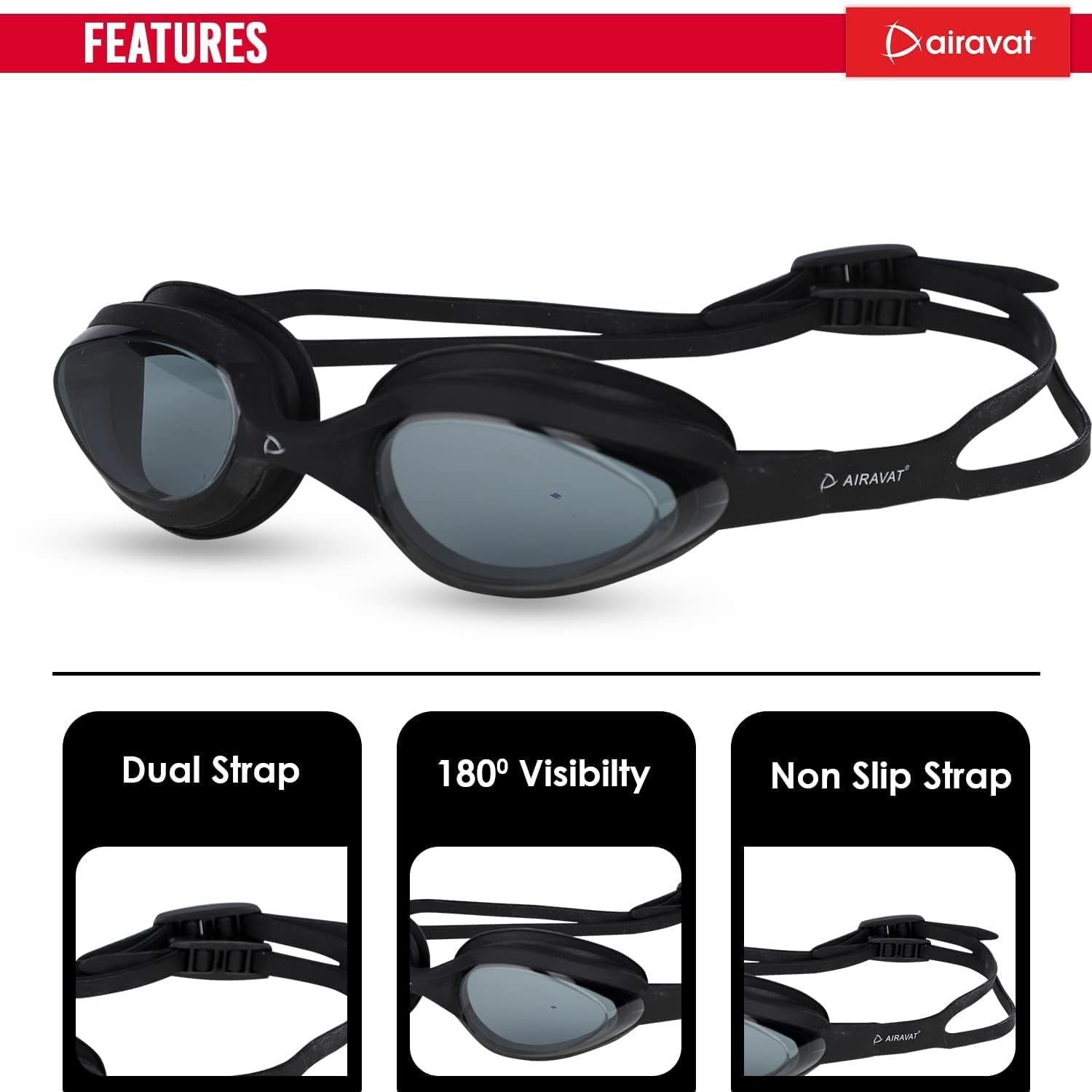 AIRAVAT FRAYER Swimming Goggles for Men Women Adults Teenagers, Polycarbonate Goggles, Swimming Goggles, Anti Fog Anti UV No Leakage Clear Vision, Free Size (Black) 1