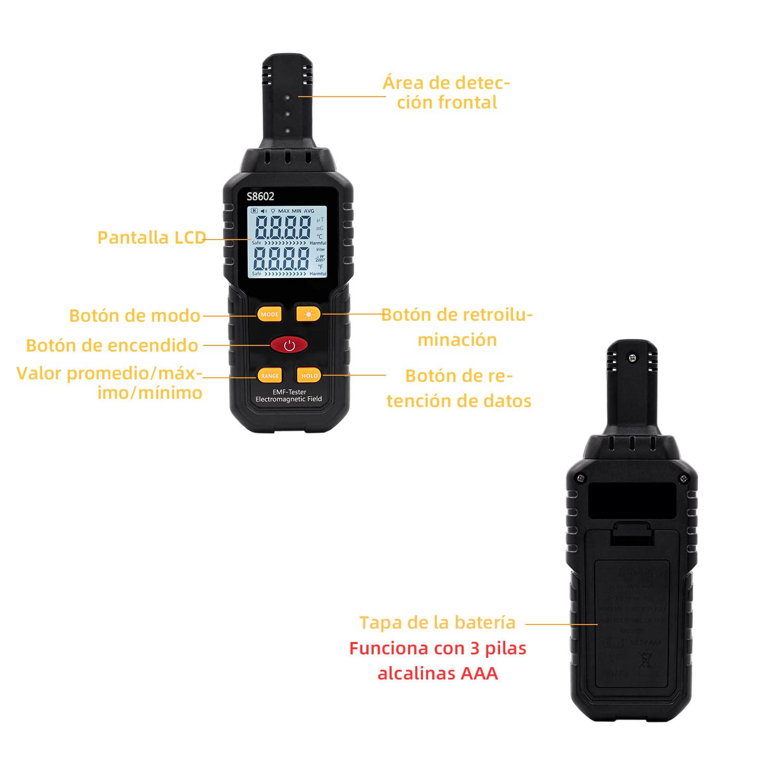 Mcbazel 3 en 1 Medidor Digital EMF, Probador de Radiación Electromagnética con Pantalla LCD retroiluminada, Dispositivo LCD portátil, Mini Detector EMF para uso en el Hogar, Oficina, Exteriores