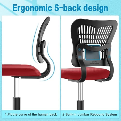 Palone Home Office Chair Ergonomic Desk Chair Mesh Computer Adjustable Height Seat 360° Swivel Gaming Armless Chair Task With 5 Rolling Castors Upholstered Comfy No Arms Office Chair（Red） #TOP5