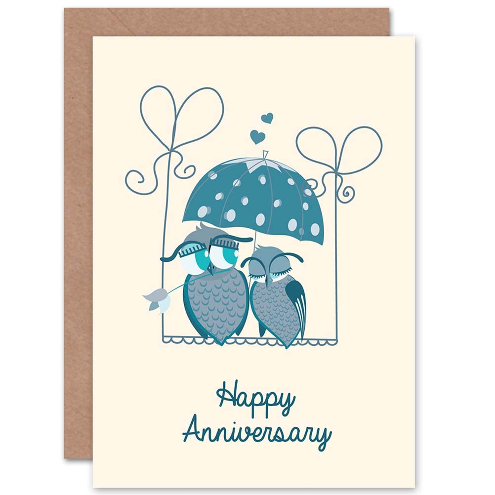 Wedding Anniversary Owls Umbrella Love Blank Greeting Card With Envelope