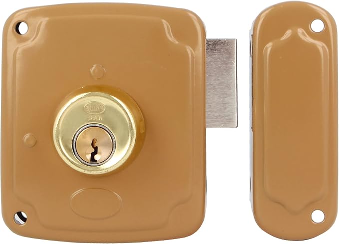 Amig - Cerradura de Sobreponer de Derecha con Palanca de Cierre y Lengüeta para Puertas de Madera Mod. 72PU / 80 x 95 mm/Pestillo Con Cilindro Redondo/Acero Dorado