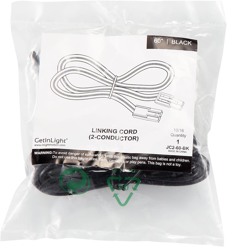 GetInLight Connecting Cable for Puck Light IN-0107 & IN-0105 Series, Under Cabinet Lighting IN-0108 & IN-0109 Series, 2-Conductor, 2-Conductor, Black Color, 60-inch, JC2-60-BK