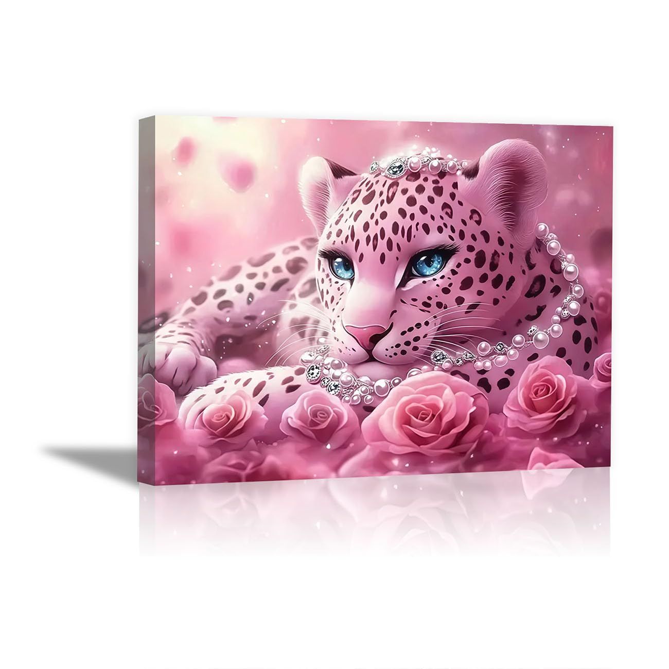 TODOAA Canvas Wall Art Wildlife lion Picture Cute Pink Leopard Paintings Canvas- Farmhouse Art Prints- Animal Nursery Wall Prints Poster for Living room(Pink 2)-50x70cm Framed — image 1