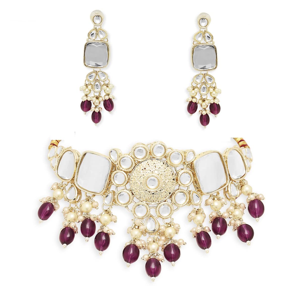 fabula Jewellery Wine Burgundy Maroon Beads & Kundan Ethnic Choker Necklace Set with Drop Earrings For Women & Girls Stylish Latest (NEST5_AFR1) (B0C6TWVM72) Amazon Price History, Amazon Price Tracker
