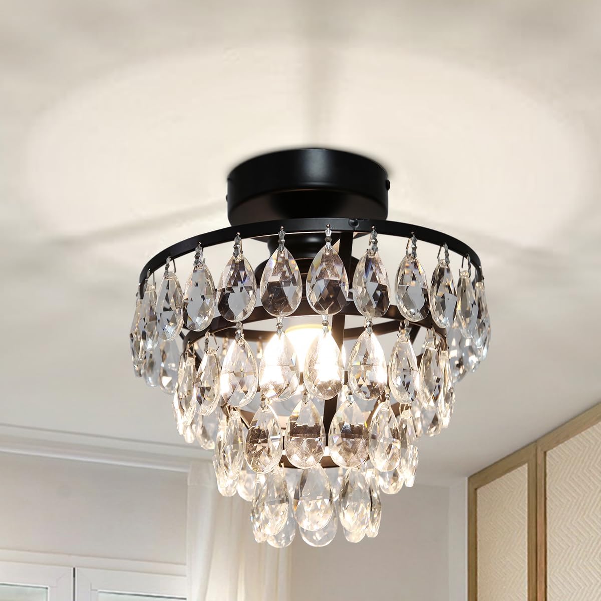 Sedelan Small Crystal Ceiling Light, Matt Black Semi Flush Mount Ceiling Light Fixture, Mini Closet Chandelier for Bathroom Bedroom Dining Room Hallway Foyer Kitchen