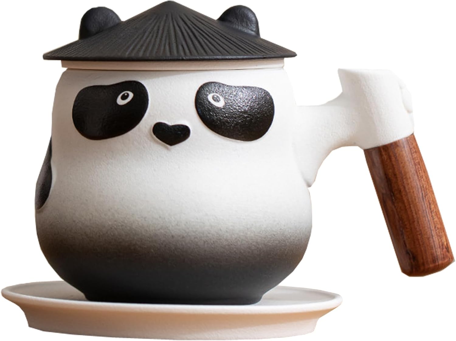 Ceramic Tea Cup with Infuser and Lid, Portable Cute Panda Tea Mug with Coaster for Loose Leaf Tea, Wood Handle Tea Steeper Coffee Mug Set for Travel Picnic Office (Black)