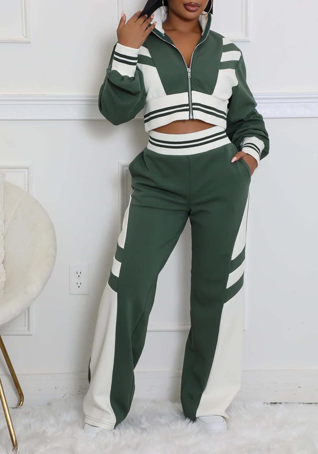 Tbahhir Casual Outfits for Women 2 Piece Color Block Tracksuit Long Sleeve Crop Top and High Waist Pants Jogger Set Fall - Image 5