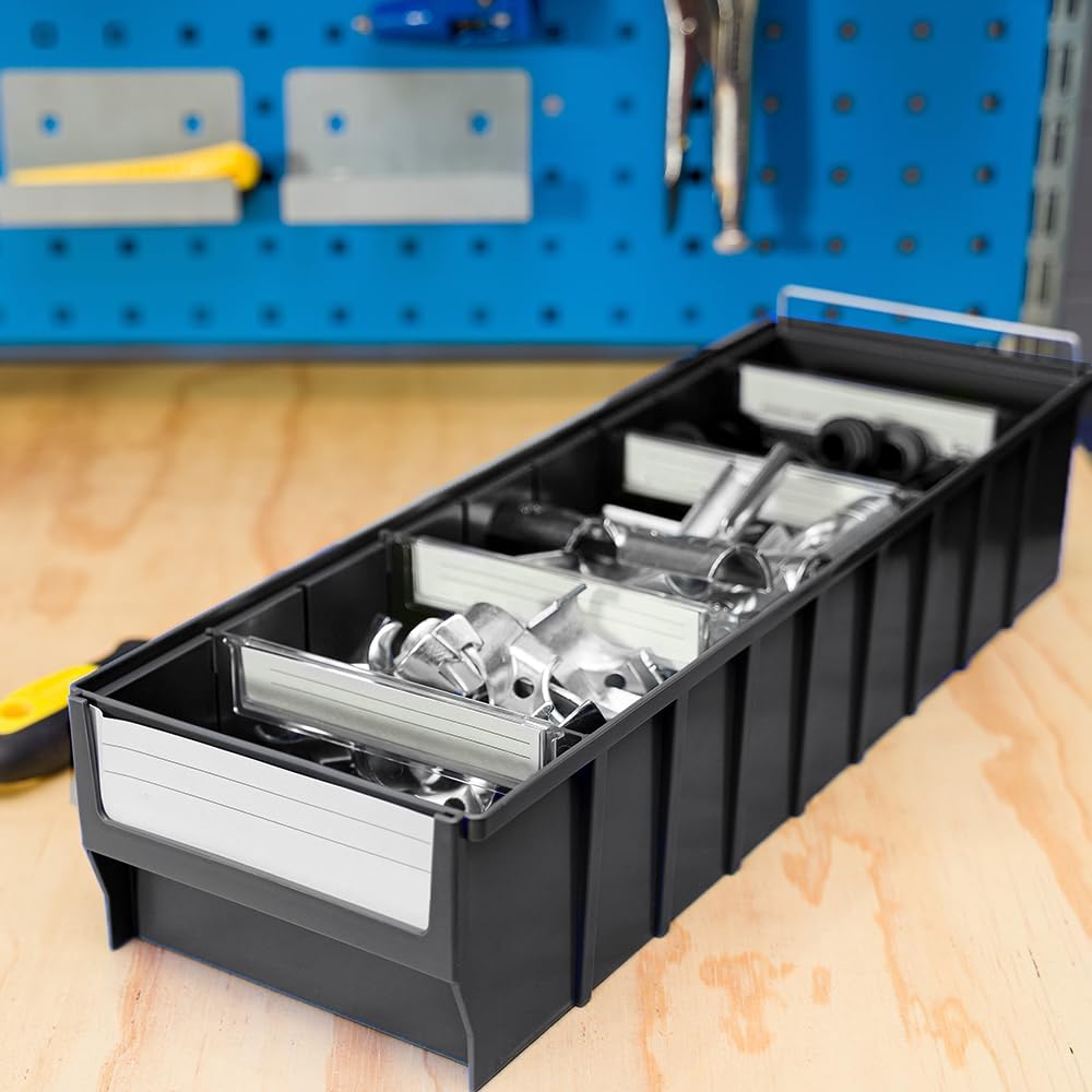 12-Pack Medium Plastic Storage Bins – 16"x4"x6" Stackable Containers with 4 Dividers – Multipurpose Drawer Organizer for Tools, Parts, Office, Blue