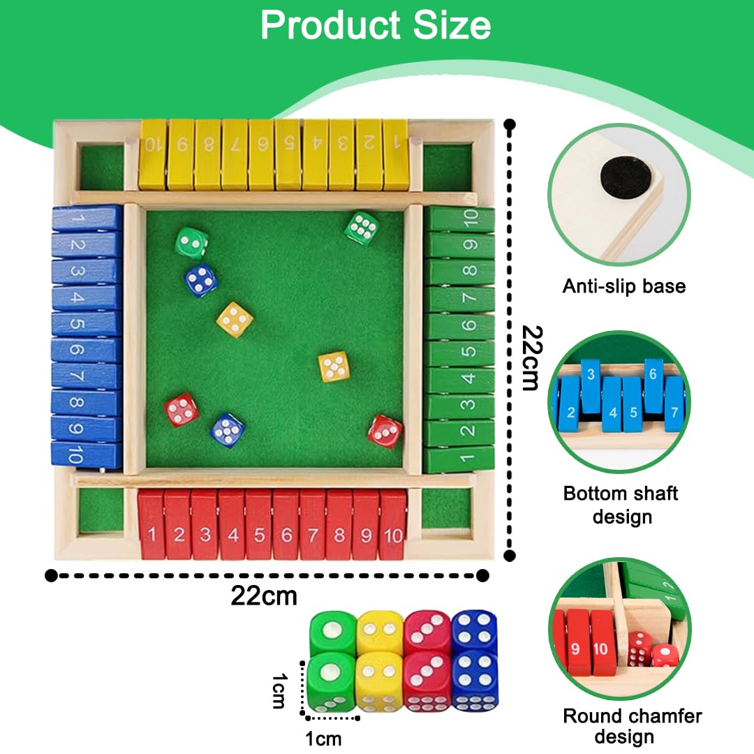 VingaHouse Shut The Box - Gioco Da Tavolo In Legno Per 4 Giocatori Con Borsa - Gioco Di Dadi Educativo Per Bambini - 3