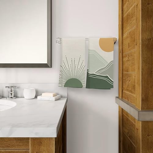 Miniatura 3 de OHSUL Juego de 4 paños de cocina abstractos bohemios verdes, amanecer, puesta de sol, sol, sol, sol, sol, sol, montaña, arcoíris, montaña, altamente