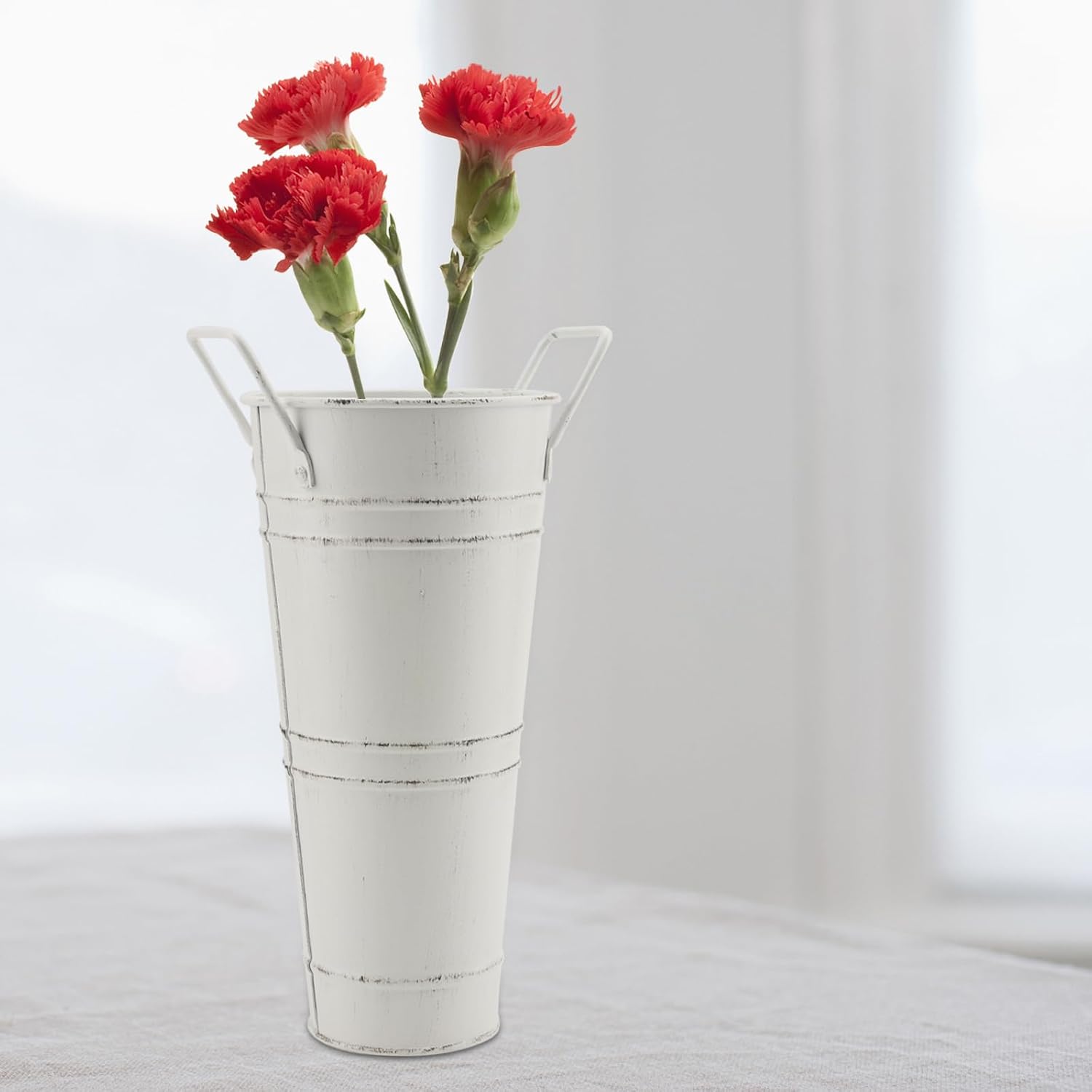 HOIGON 4 PCS Galvanized Metal Flower Vases, 9 Inch Rustic Farmhouse French Bucket with Handles,Metal Flower Holder for Weeding, Table, Home Decoration, White